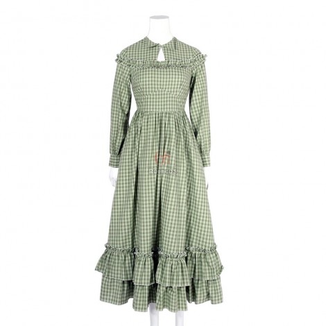 Women Long Sleeves Green Plaid Long Skirt