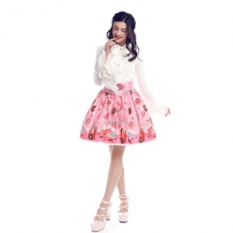 Women Girl Lolita Chiffon Print Bubble Skirt