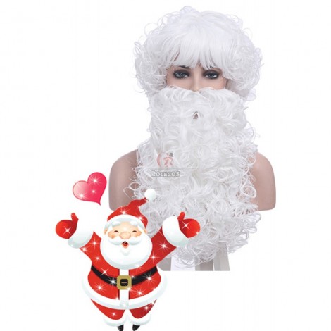 Christmas Santa Claus White Curly Wigs with Beards Unisex Cosplay Wigs