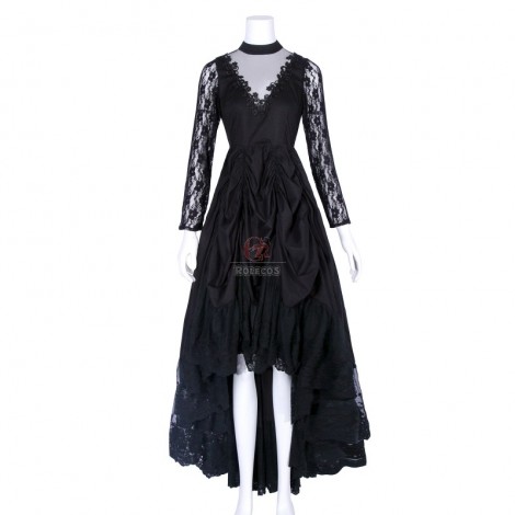 Black Sexy Gothic Victorian Elegant Dress With Waistband Cosplay Costumes