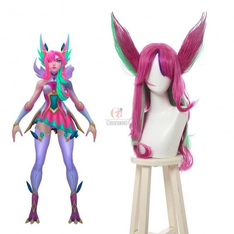 LOL Star Guardian Xayah Pink Mixed Green Long Cosplay Wigs